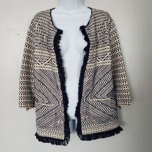Lucky Brand Medium Dressy Blazer Jacket Beige Cream Blue Knit Fringe Zipper Top